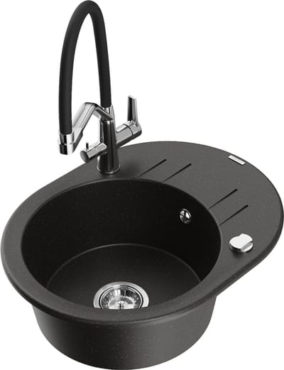 Mexen Kevin granieten keukenspoelbak met 1 spoelbak en Duo keukenmengkraan, zwart/goud metallic - 6517-75-671701-07