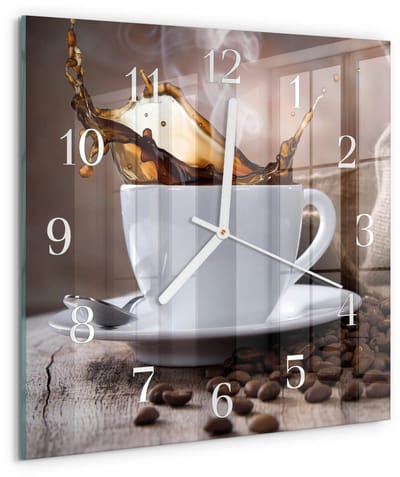 Tulup Wandklok - Koffie Glazen Wandklok Design - 30x30 cm - Bruin Klok Glas Met Opdruk - Witte Handen - Vierkante Wandklok - Gekleurde Glazen Klok - Glazen Klok Met Print