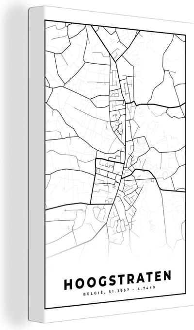 Canvas Schilderij België – Hoogstraten – Stadskaart – Kaart – Zwart Wit – Plattegrond - 20x30 cm - Wanddecoratie
