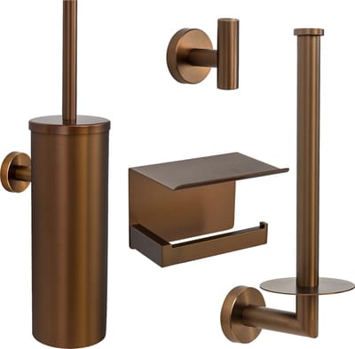 VDN Stainless Toiletaccessoireset koper 4-delig - Geborsteld RVS - Toiletborstelhouder - Toiletrolhouder met plankje - Handdoekhaakje - Reserverolhouder