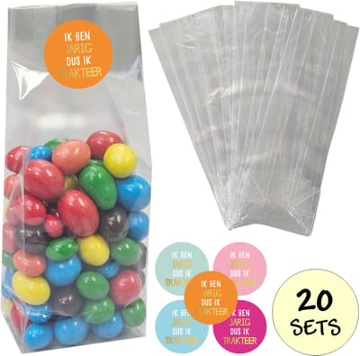 20x Uitdeelzakjes Met Sluitstickers - 20 Stickers & 20 Zakjes - Blokbodemzakjes - Cellofaanzakjes - Traktatie Zakjes - 20 Sets - Ik Ben Jarig Dus Ik Trakteer (Goudfolie)