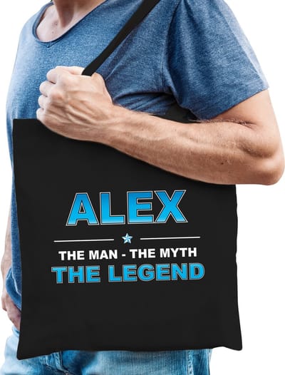 Naam cadeau Tasje voor Alex - The man, The myth the Legend - katoenen - zwart - verjaardag - vaderdag - collega - vriendin