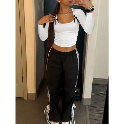American Bow Sport Casual Broek Dames Losse Niche Gestreept Design Wijdpijpig M