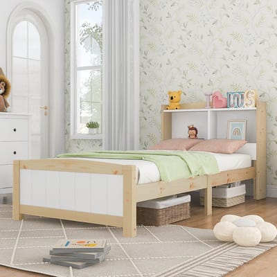 Wishdor Eenpersoonsbed 90x200 cm – Opberghoofdbord – Wit & Naturel Hout – Slim & Ruimtebesparend