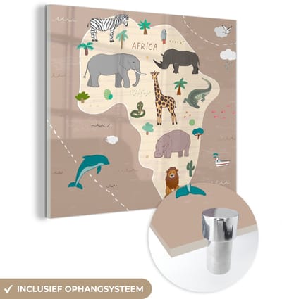 ® Glasschilderij 90x90 cm - Schilderij acrylglas - Dieren - Wereldkaart - Kinderen - Afrika - Kids - Jongens - Meisjes - Foto op glas - Muurdecoratie woonkamer - Wanddecoratie slaapkamer - Schilderijen