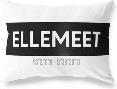 Tuinkussen ELLEMEET - ZEELAND met coördinaten - Buitenkussen - Bootkussen - Weerbestendig - Jouw Plaats - Studio216 - Modern - Zwart-Wit - 50x30cm