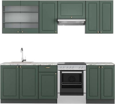 Vicco Fame-Line Complete keukeneenheid – 240 cm, WB Marmer Groen-Goud Landhuis/Antraciet