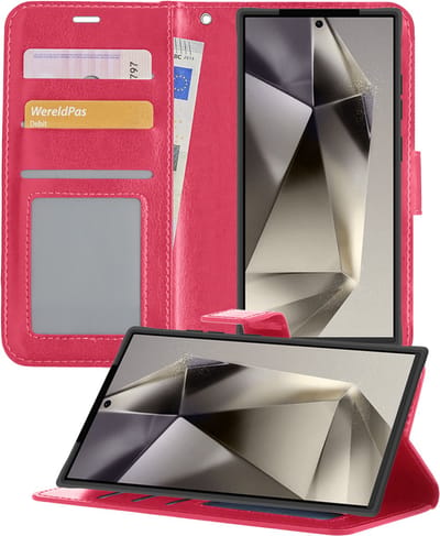 Hoesje - Met Pasjeshouder - Geschikt voor Samsung Galaxy S24 Ultra - Luxe Bookcase Portemonee - Flip Case - Kunstleer Book Case - Flipcase - Book Cover - Walletcase - Portemonneehoes - Telefoonhoesjes - Donkerroze
