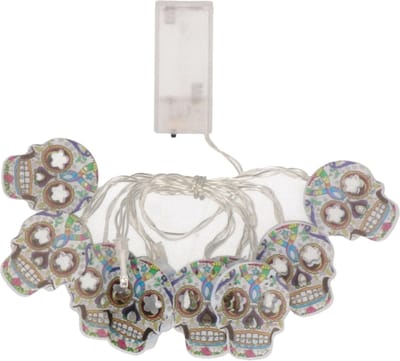 Funny Fashion Halloween Day pof the Dead LED lichtsnoer 10x doodskoppen - 165 cm - op batterijen