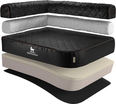 Knuffelwuff orthopedisch hoekhondenbed Winslow van laser-gewatteerd kunstleer XL 100 x 70cm leuning links zwart