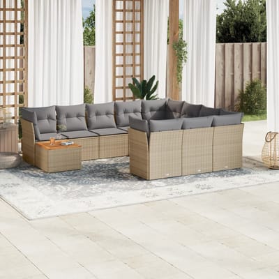 vidaXL - 11-delige - Tuinset - met - kussens - poly - rattan - beige