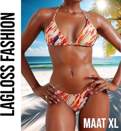 LaGloss® 2-Delige Bikini Set – Oranje Strepen Allover Print – Trendy & Sexy Badmode – Maat XL
