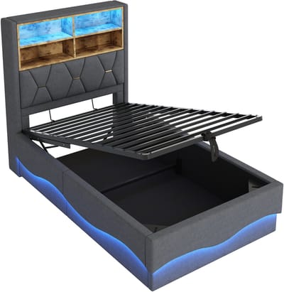 COVREO Kinderbed met LED-lint – 90x200 cm – Bed met opbergruimte en USB-poort – voor kinderen en tieners – Grijs - zonder matras