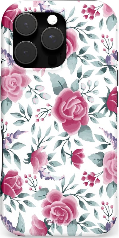 Casetastic hoesje geschikt voor Apple iPhone 16 Pro - MagSafe - Dubbellaagse bescherming - Paarse Bloem Pracht - Fashion Case - Wit Lichtgrijs Lichtroze Lila