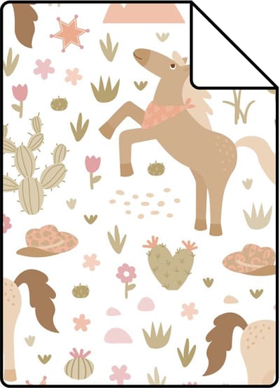Proefstaal ESTAhome behang paarden bruin, groen en roze - 26.5 x 21 cm - 132193-S