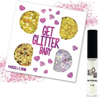 GetGlitterBaby® - 4 Potjes Glitter Set Chunky Festival Glitters voor Lichaam en Gezicht Glitterset / Carnaval Face Body Glitterlijm Set Tattoo / Bio Biologische Biodegradable Gel Glittergel - en Glitter Lijm HuidLijm / Goud / Zilver