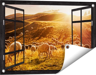 Gards Tuinposter Doorkijk Schapen in de Heuvels bij Zonsondergang - 60x40 cm - Tuindoek - Tuindecoratie - Wanddecoratie buiten - Tuinschilderij