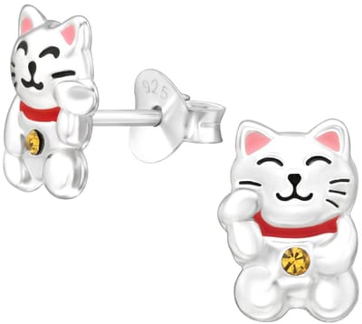Joy|S - Zilveren kat poes oorbellen - 6.2 x 9 mm - marimekko - kinderoorbellen