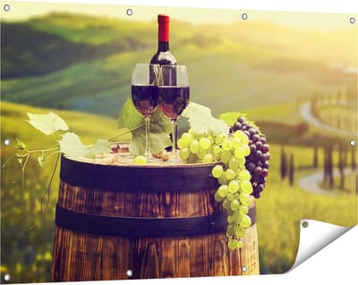 Gards Tuinposter Wijn met Druiven op een Vat in Toscane - 120x80 cm - Tuindoek - Tuindecoratie - Wanddecoratie buiten - Tuinschilderij