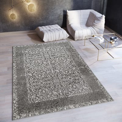 Tapiso Ares Vloerkleed Grijs Donker Laagpolig Woonkamer Frame Oriental Tapijt Maat- 80x150