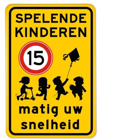 Bord Spelende kinderen - matig uw snelheid - geel - Weerbestendig Aluminium - 40x60 cm - Bevestiging: Met paal 150 cm + paalbeugels + paaldop