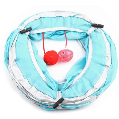 120cm Opvouwbare Kat Kreukeltunnel Speelspeeltje met Bal en Gat Kitten Kat Speeltje Blauw Blue white