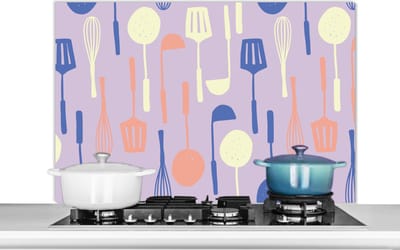 Spatscherm keuken 100x65 cm - Kookplaat achterwand Patronen - Keukengerei - Spatel - Garde - Muurbeschermer - Spatwand fornuis - Hoogwaardig aluminium
