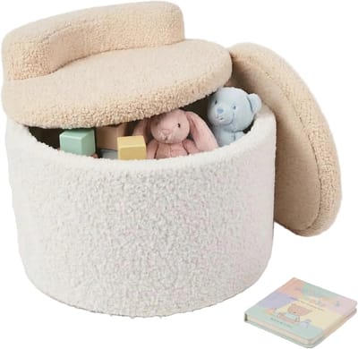 Lomera Kinderpoef met Opbergruimte - Opbergpoef - Teddy Teddystof Bouclé - Ronde Zitpoef met Rugsteun - Voor Kinderkamer - Voetenbankje - Kinderkrukje - Hocker - Opbergkrukje - Zachte Poef met Deksel - Pluche Fleece - Wit met Crème