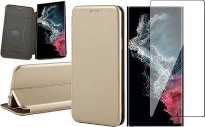 Hoesje geschikt voor Samsung Galaxy S22 Ultra - Book Case Kunstlederen Wallet Cover Minimalistisch Pasjeshouder Hoes Goud - Full Tempered Glass Screenprotector
