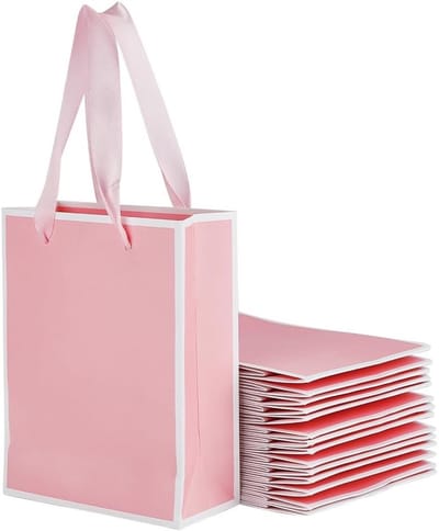 24 Stuks Kraft Papieren Tassen met Handvat, Roze 16x12x5.8cm, Rechthoekige Cadeautassen voor Feesten, Verjaardagen en Winkelen
