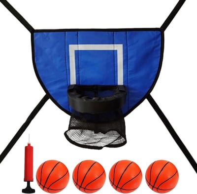 Trampoline Basketbalring - Springkussen Accessoire - Buiten Spelen - Veilig Zacht Gevoerd - Inclusief 4 Ballen - Blauw