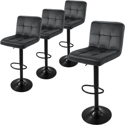 Barkruk set van 4 grijs fluwelen bekleding met rugleuning en voetensteun in hoogte verstelbaar 63-83cm ML-Design