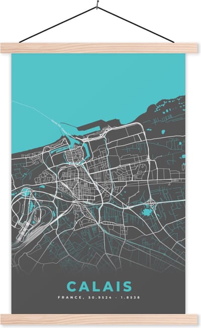 Posterhanger incl. Poster 40x60 cm - Schoolplaat - Calais - Frankrijk - Plattegrond - Kaart - Stadskaart - Textielposter - Blanke latten - Stadskaart