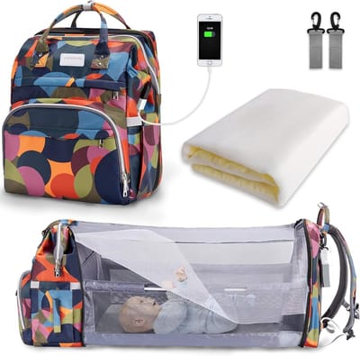 Famanu Luiertas Rugzak, Luiertas met Grote Capaciteit, Draagbare Reisluiertas met Opvouwbaar Bed, Babybedrugzak (Oranje Camouflage)