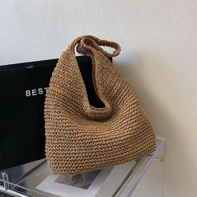 Sac en paille tissé pour femme, sac de plage, sac à bandoulière, grande capacité, sac seau tissé à la main, léger, pour le printemps et l'été brown