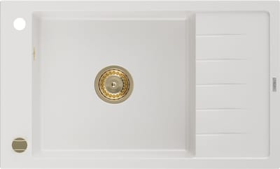 Mexen Elias granieten spoelbak met 1 bak en afdruiprek 795 x 480 , wit, gouden sifon - 6511791005-20-G