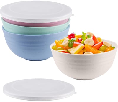 Kom met deksel: 4 stuks mueslikommen, grote plastic kom, slakommen, BPA-vrij, onbreekbaar, transparant deksel, 15,7 x 7,3 cm kom geschikt voor muesli, salade, soep, vierkleurig