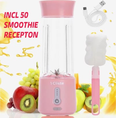 Cliste Draagbare Blender - Blender To Go - Portable Smoothie Blender - USB Oplaadbaar - 500 ml - Roze - Mini Smoothie Maker - USB Oplaadbaar - Fresh Juice Maker - Portable Blender - Roze - Recepten inbegrepen