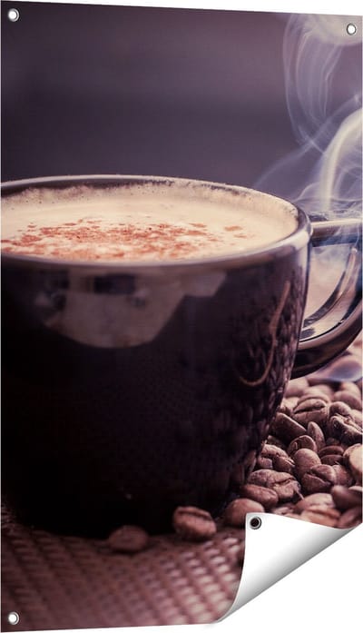 Gards Tuinposter Hete Koffie Kop met Koffiebonen - 60x90 cm - Tuindoek - Tuindecoratie - Wanddecoratie buiten - Tuinschilderij