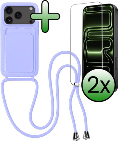 Hoes Geschikt voor iPhone 17 Pro Max / 18 Pro Max Hoesje Pas Houder Case Hoes Met Koord Met 2x Screenprotector - Hoesje Geschikt voor iPhone 17 Pro Max / 18 Pro Max Hoes Met Telefoonkoord Pasjeshouder Cover - Lila
