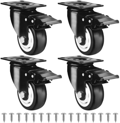 Set van 4 Stille Meubelwielen met Rem, 360 Graden Draaiend, Rubber en Schroefdraad voor Binnengebruik, Ideaal voor Meubels en Kasten