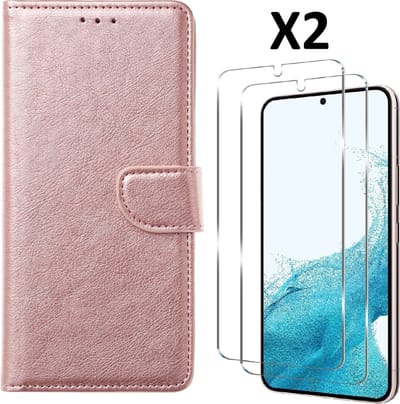 Hoesje Geschikt Voor Samsung Galaxy S23 Plus Hoesje met Pasjeshouder - bookcase – Met 2x Screenprotector / gehard glas – Rosegoud