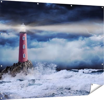 Gards Tuinposter Vuurtoren op een Storm Zee met Golfen Water - 150x120 cm - Tuindoek - Tuindecoratie - Wanddecoratie buiten - Tuinschilderij