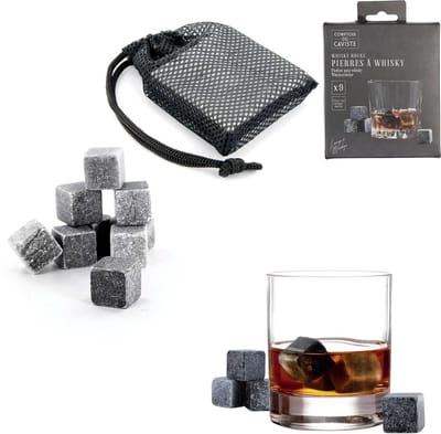 Whiskystenen Set – 9 Herbruikbare Koelstenen met Opbergzak – Perfect voor Whisky, Cocktails en Dranken – Koelt Zonder Verdunnen – Antraciet
