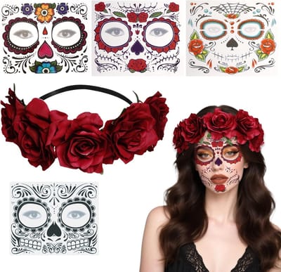 Dag van de Doden Rozen Hoofdband met Tijdelijke Gezichtstatoeage voor Halloween Kostuumaccessoires voor Vrouwen - Perfect voor Feestjes en Thema-evenementen