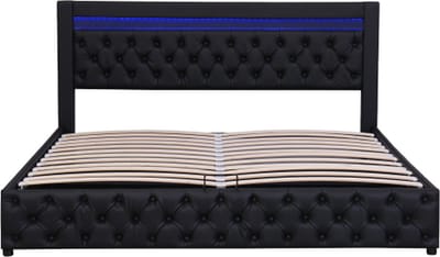 Gestoffeerd bed 140x200cm Functioneel bed (zonder matras）Zwart PU met LED
