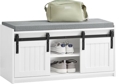 SoBuy Schoenenrek met Schuifdeuren, Halmeubel met Kussen, 6 Vakken Schoenenbank voor Entree, 90x35x46 cm, Wit, FSR133-K-W
