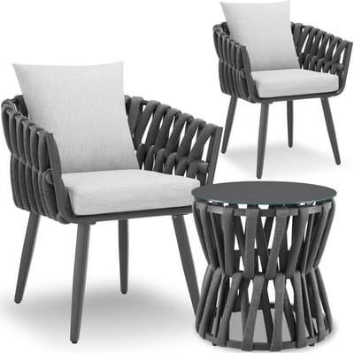 tectake® Tuinset Lugano - Tuinstoelen - 2 Loungestoelen met Bijzettafel - Buitenstoelen in Rope-Design met Aluminium Frame - Buiten Fauteuils met Dikke Kussens - Loungeset voor Tuin of Balkon - Terrasstoelen - UV- en Weerbestendig - Antraciet
