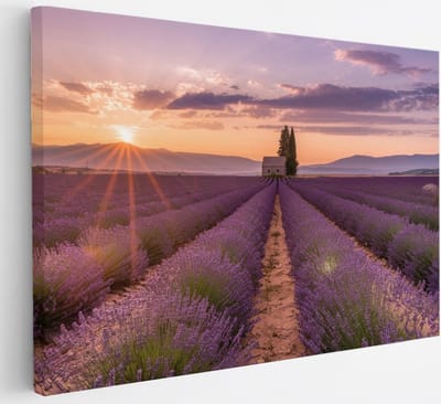 Saammp Canvas Schilderij - Groot lavendelveld met huis - Bloemen - Landschap - Natuur - 30x20 - Foto op canvas - Wanddecoratie - Muurdecoratie Woonkamer - Slaapkamer decoratie - Canvas Print