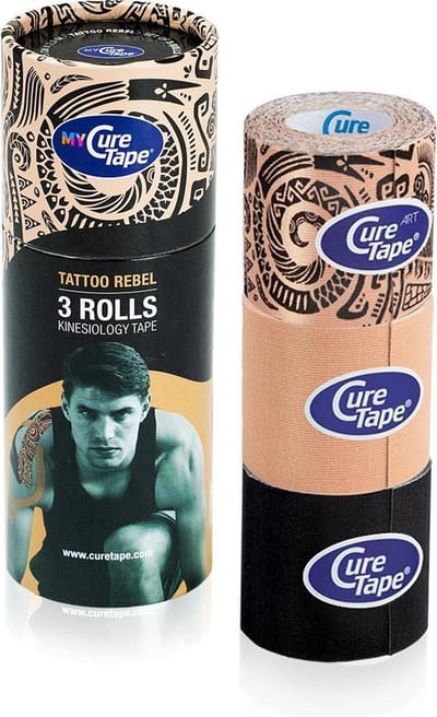 My CureTape® Tattoo Rebel - kinesiotape - koker met 3 rollen 5cm x 2,5m - Tattoo, zwart en beige - Kinesiotape - FysioTape - elastische tape voor het behandelen van blessures en klachten